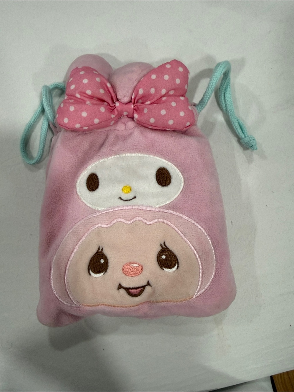 Pink Plush Character Drawstring Pouch